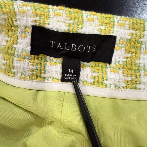 TALBOTS Stride Tweed Button Front A-line Plaid Skirt Yellow White Womens Sz 14 - Picture 9 of 11